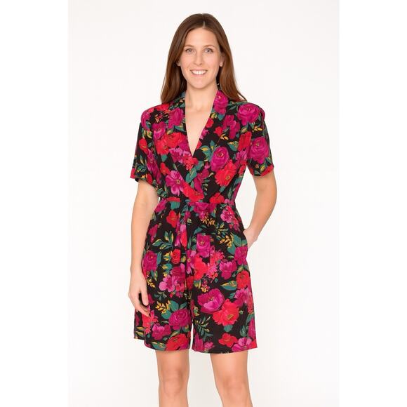 Vintage Floral Romper 80s Black V-Neck Short Sleeve Boho Festival Garden Party M - Picture 1 of 11